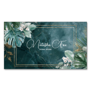 Modern Tropical Teal Marble & Gold Glitter Business Card Magnet