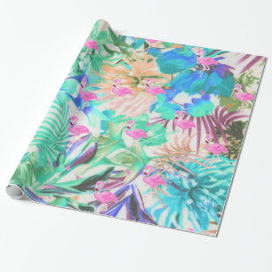 Modern tropical teal pink floral flamingo wrapping paper