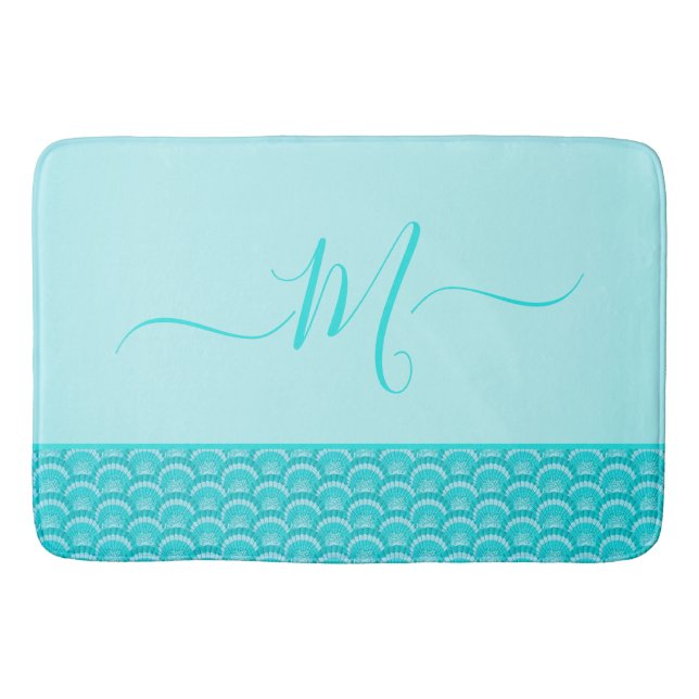 Modern Tropical Teal Turquoise Aqua Blue Seashell  Bath Mat (Front)