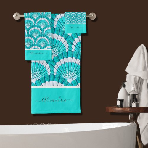 Modern Tropical Teal Turquoise Aqua Seashell Shell Bath Towel Set