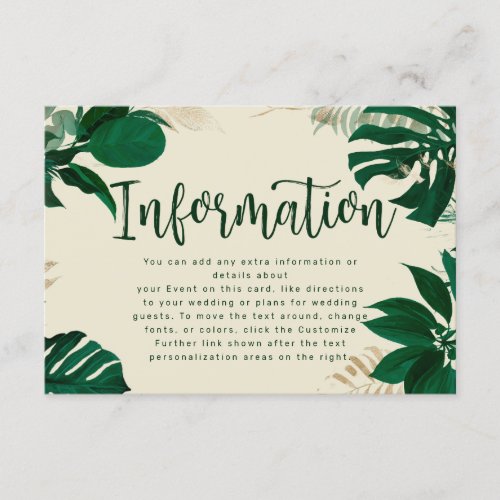 Modern Tropical Themed Leaves Wedding Information Enclosure Card