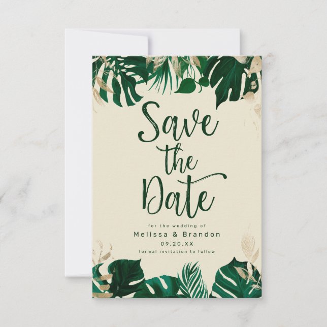 Modern Tropical Themed Leaves with Gold Wedding Save The Date (Front)