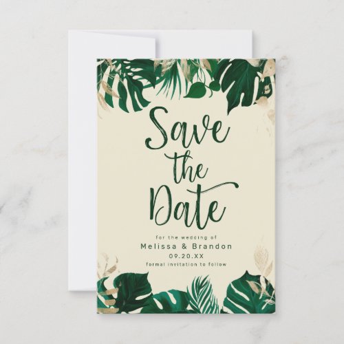 Modern Tropical Themed Leaves with Gold Wedding Save The Date