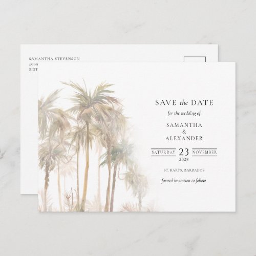 Modern Tropical Trees Typography Save The Date Announcement Postcard