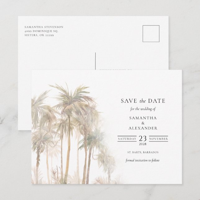 Modern Tropical Trees Typography Save The Date Announcement Postcard (Front/Back)