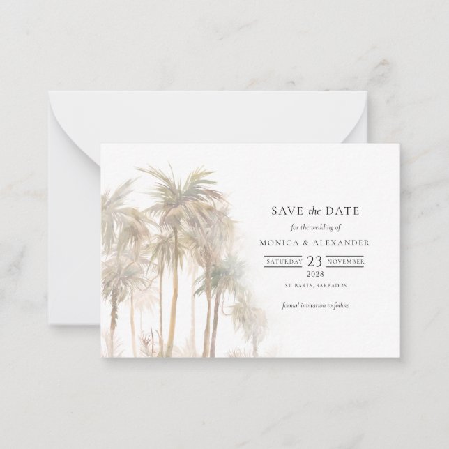 Modern Tropical Trees Typography Save The Date Note Card (Front)