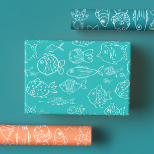 Modern Tropical Turquoise & Coral Fish Pattern Wrapping Paper Sheets