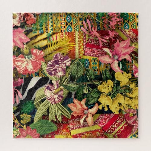 Modern Tropical Watercolor Floral Indian Pattern Jigsaw Puzzle