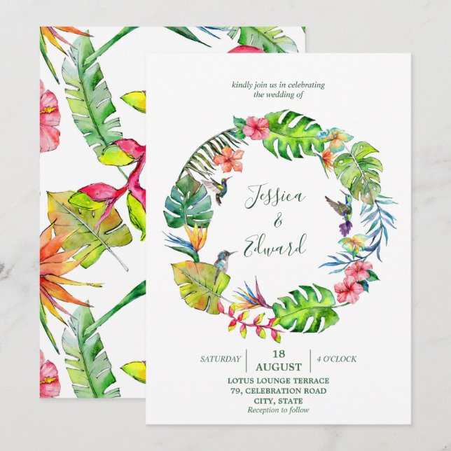 Modern Tropical Watercolor Floral Wreath Invitation (Front/Back)