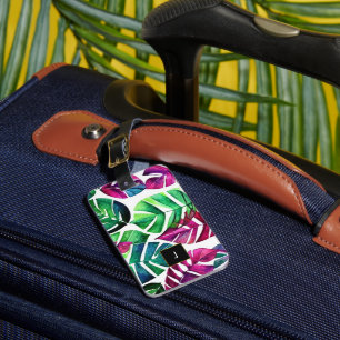 Modern tropical watercolor leaves monogram luggage tag