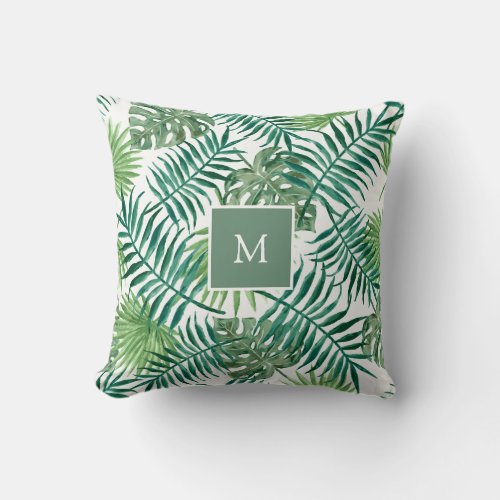 Modern tropical watercolor leaves monogrammed throw pillow