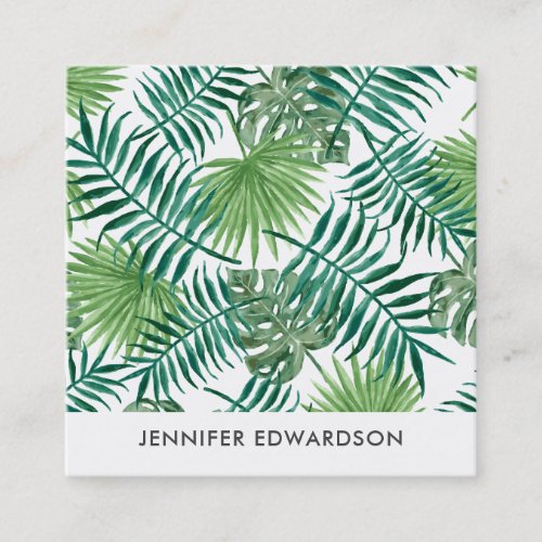Modern tropical watercolor leaves professional squ square business card