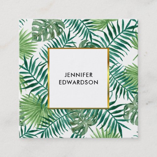 Modern tropical watercolor leaves professional square business card