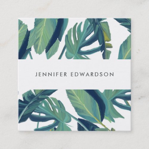 Modern tropical watercolor  leaves professional square business card