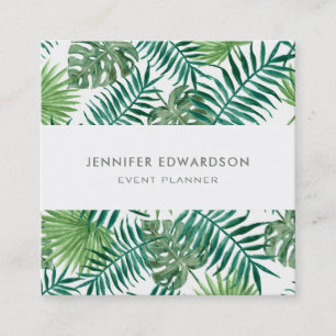Modern tropical watercolor leaves professional square business card