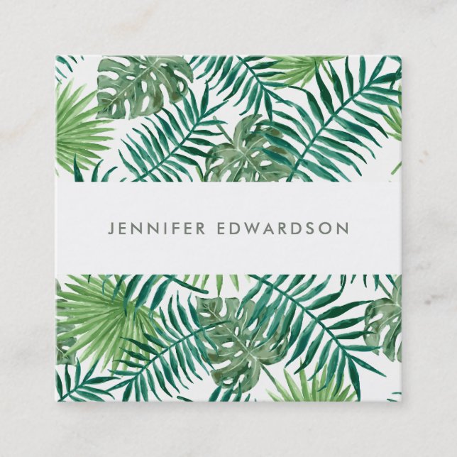 Modern tropical watercolor leaves professional square business card (Front)