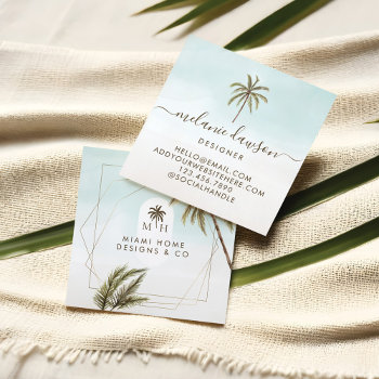 Modern Tropical Watercolor Palm Trees Monogram Square Business Card by moodthology at Zazzle