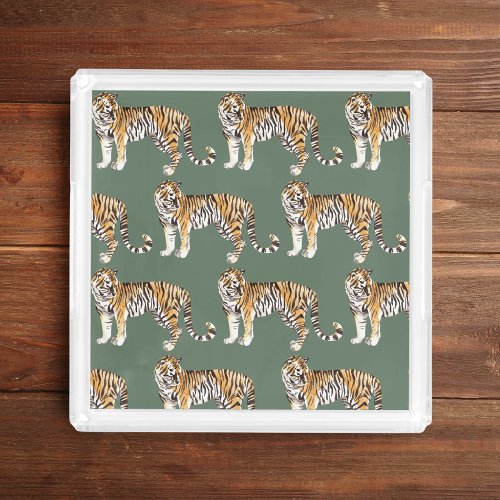 Modern Tropical Watercolor Tigers Wild Pattern Acrylic Tray