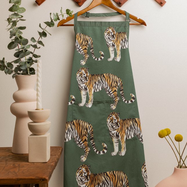 Modern Tropical Watercolor Tigers Wild Pattern Apron (Creator Uploaded)