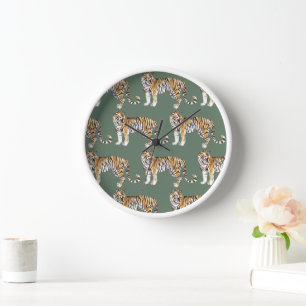 Modern Tropical Watercolor Tigers Wild Pattern Clock