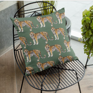 Modern Tropical Watercolor Tigers Wild Pattern Outdoor Pillow