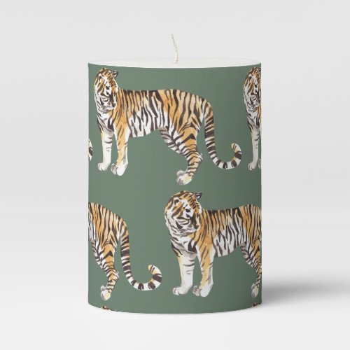 Modern Tropical Watercolor Tigers Wild Pattern Pillar Candle