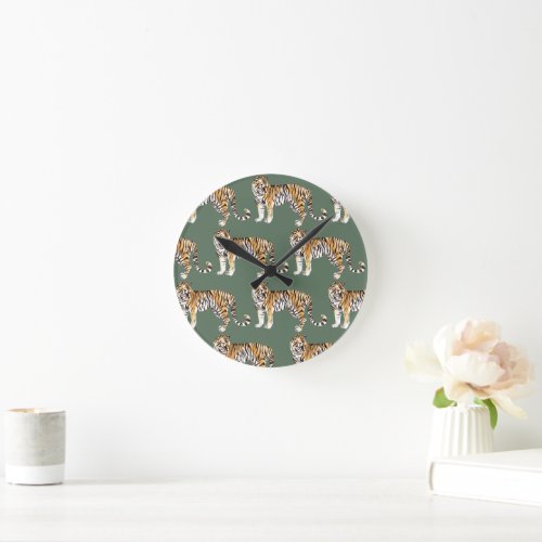 Modern Tropical Watercolor Tigers Wild Pattern Round Clock