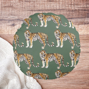 Modern Tropical Watercolor Tigers Wild Pattern Round Pillow