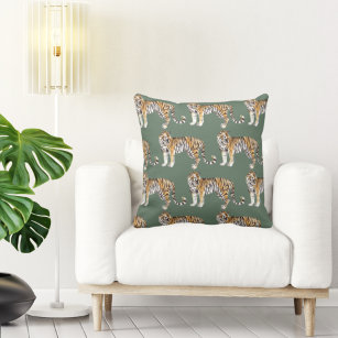 Modern Tropical Watercolor Tigers Wild Pattern Throw Pillow