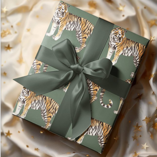 Modern Tropical Watercolor Tigers Wild Pattern Wrapping Paper (Creator Uploaded)