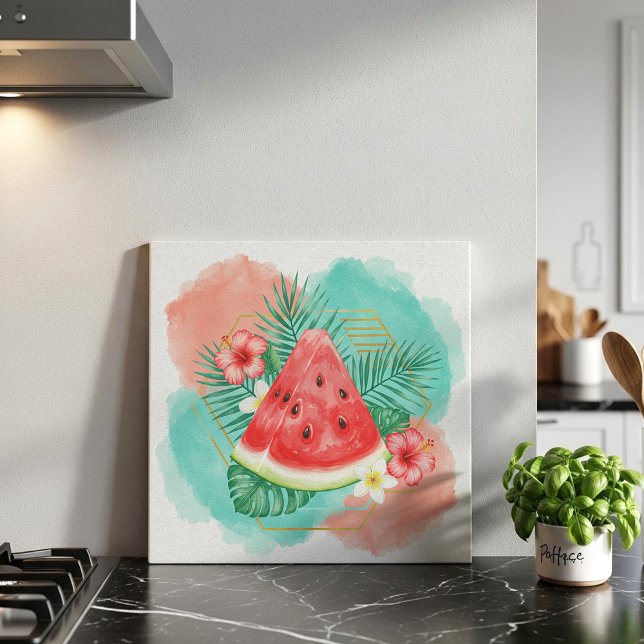 Modern Tropical Watermelon & Hibiscus Watercolor  Ceramic Tile (Creator Uploaded)