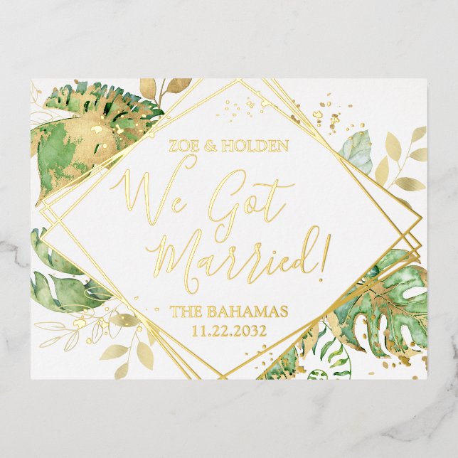 Modern Tropical We Got Married Elopement Reception Foil Invitation Postcard (Front)