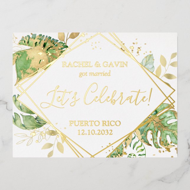 Modern Tropical Wedding Elopement Reception Foil Invitation Postcard (Front)