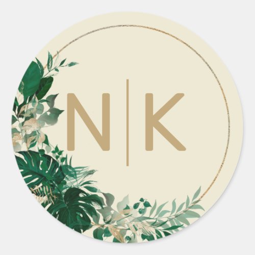 Modern Tropical Wreath with Gold Wedding Monogram Classic Round Sticker