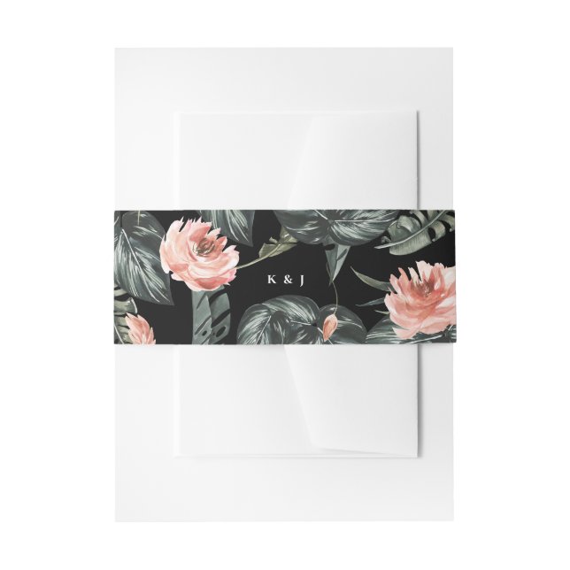 Modern Tropics Coral Floral Monogram Wedding Invitation Belly Band (Front Example)
