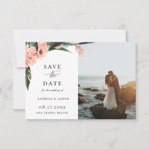 Modern Tropics Coral Floral Photo Save The Date Announcement