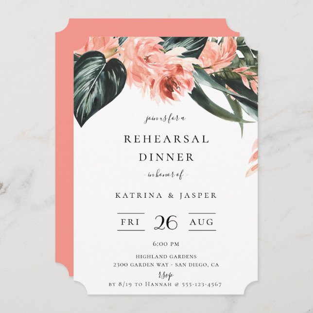 Modern Tropics Coral Floral Rehearsal Dinner Invitation (Front/Back)
