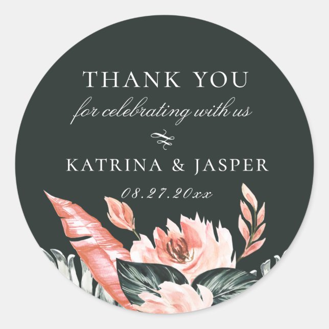 Modern Tropics Coral Floral Wedding Favor Classic Round Sticker (Front)