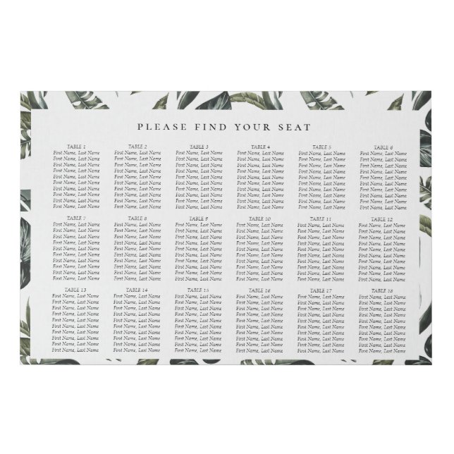Modern Tropics Wedding 18 Table Seating Chart Faux Canvas Print (Front)