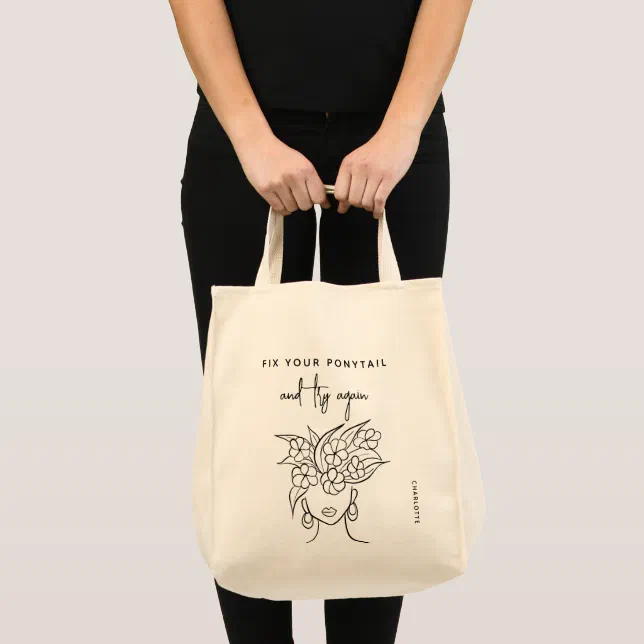 Modern Try Again Woman with Flowers Personalized Tote Bag (Front (Product))
