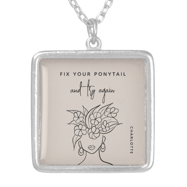 Modern Try Again Woman with Plant Silver Plated Necklace (Front)