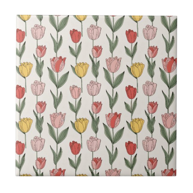 Modern Tulip Floral Pattern Soft Botanical Spring Ceramic Tile (Front)