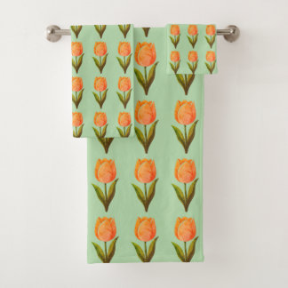 Modern Tulip Flower Pattern on Light Green Bath Towel Set