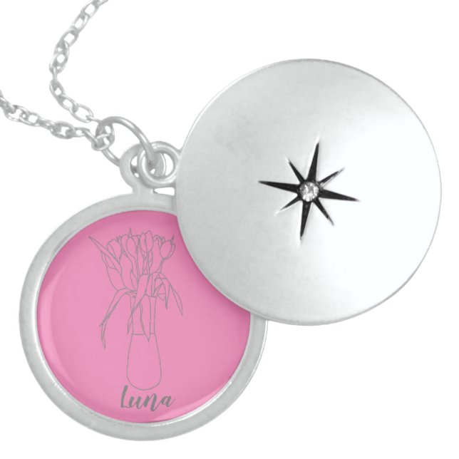 Modern Tulip Line Original  Illustration For Her  Locket Necklace (Front)