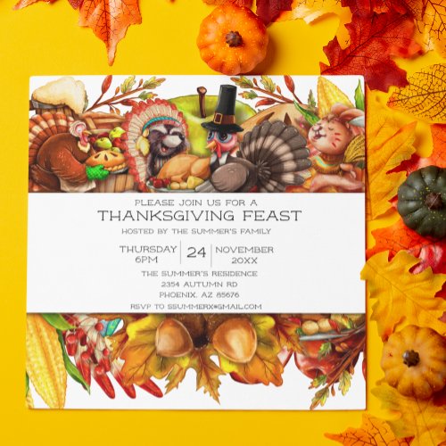 Modern Turkey Thanksgiving Feast Cute Animals Invitation