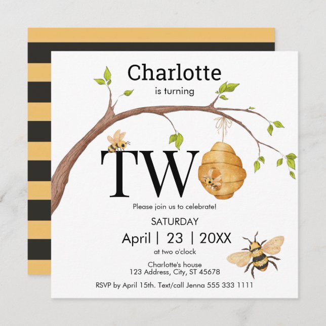 Modern Turning Two Black Yellow Beehive Birthday Invitation (Front/Back)