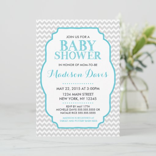 Modern Turquoise and Gray Chevron Baby Shower Invitation | Zazzle