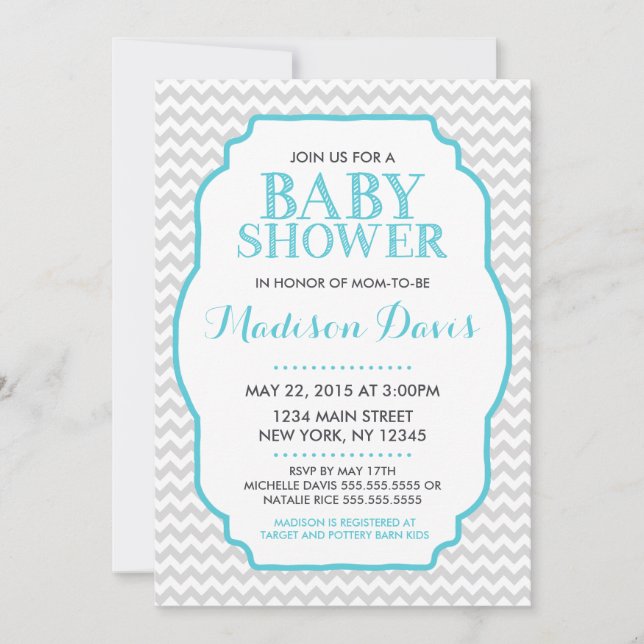 Modern Turquoise and Gray Chevron Baby Shower Invitation (Front)