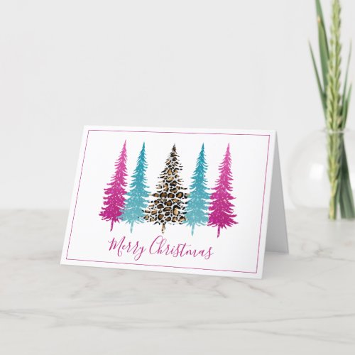 Modern Turquoise and Pink Christmas Trees Holiday Card