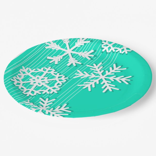 Modern turquoise and white Christmas snowflakes Paper Plates (Angled)